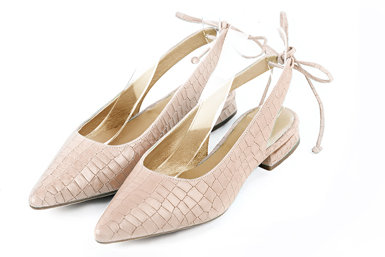 Powder pink women's slingback shoes. Pointed toe. Flat flare heels - Florence KOOIJMAN